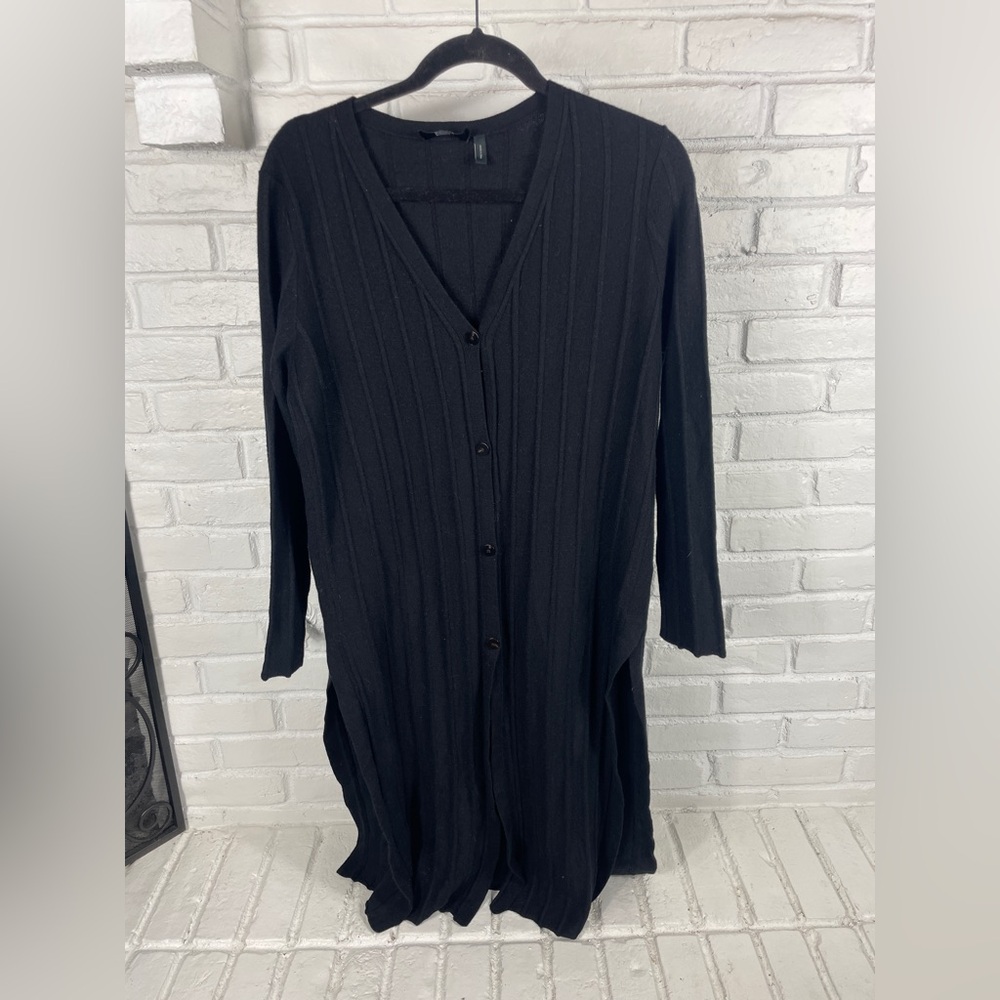 THEORY wide‎ rib merino wool cardigan dress black M minimalist chic soft girl